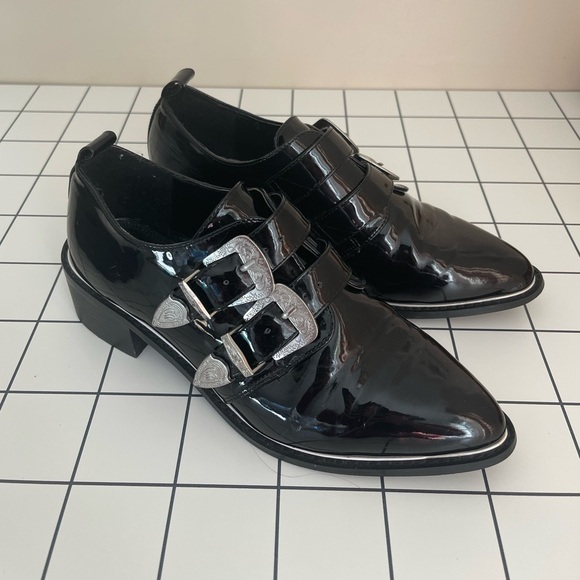 Pointy Toe Patent Leather Silver Buckle Oxford Shoes 5 - Picture 1 of 13